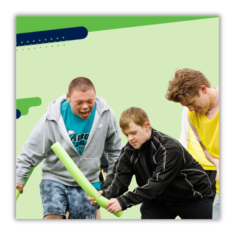 The image shows a green block with a group of students with all abilities moving and having fun.